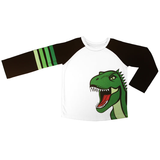 front of our sustainable dinosaur baseball tee