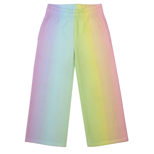 the front of our eco-friendly rainbow wide-leg joggers