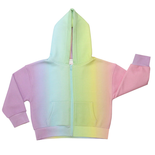 front of our sustainable rainbow zip-up hoodie