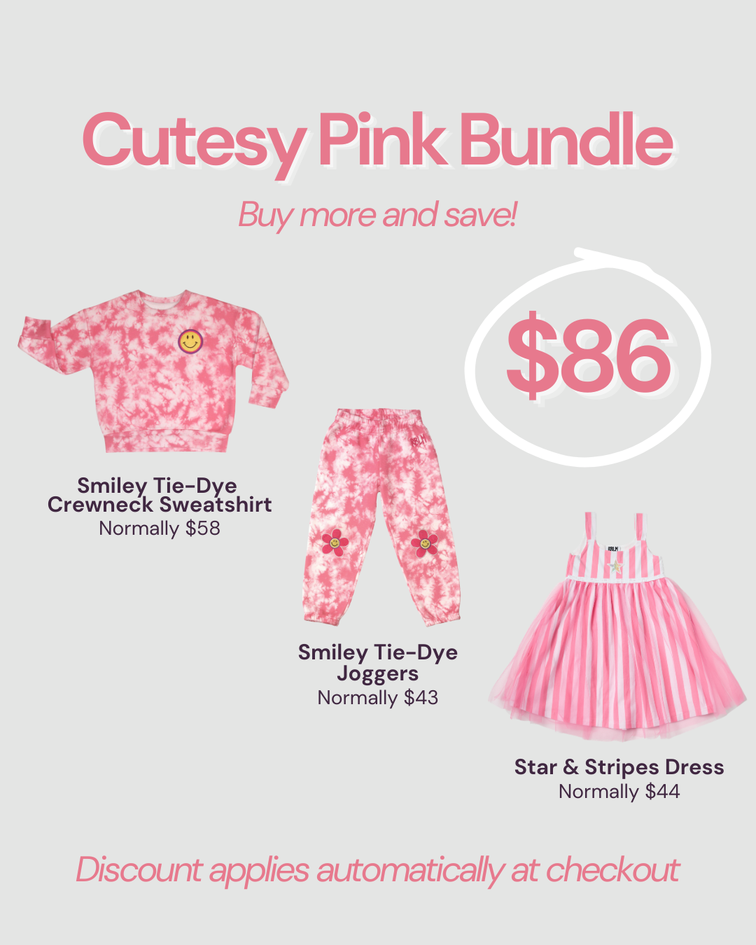 A promotional bundle graphic for RBLM's 'Cutesy Pink Bundle' showing three sustainable pink children's clothing items with original prices and discount text on a light gray background.