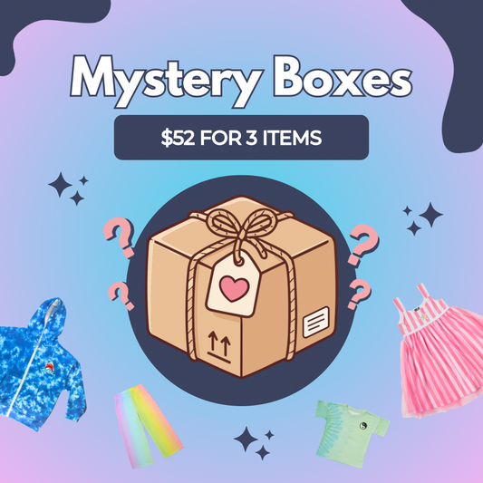 Rebloomed Kids' promotional graphic for a mystery box offer, featuring a central illustrated cardboard package with a heart tag and rope bow, surrounded by question marks and small sketches of clothing items. Large text reads 'Mystery Boxes' and '$52 FOR 3 ITEMS' on a pastel purple and blue background.