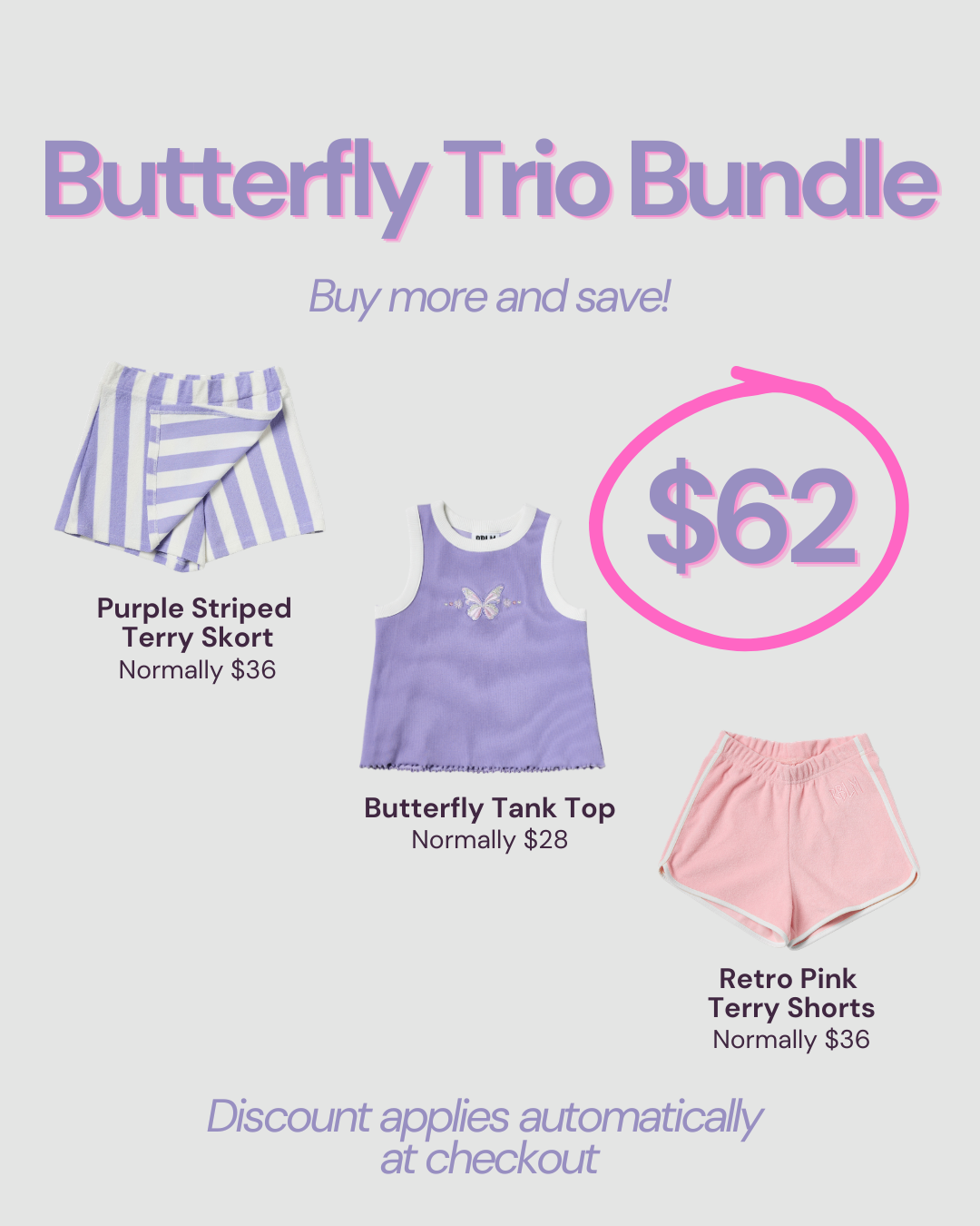 Promotional graphic for RBLM Kids' 'Butterfly Trio Bundle' featuring three sustainable children's clothing items: a purple striped terry skirt, a lavender butterfly tank top, and pink shorts, with a pink circled '$62' price on a light gray background.