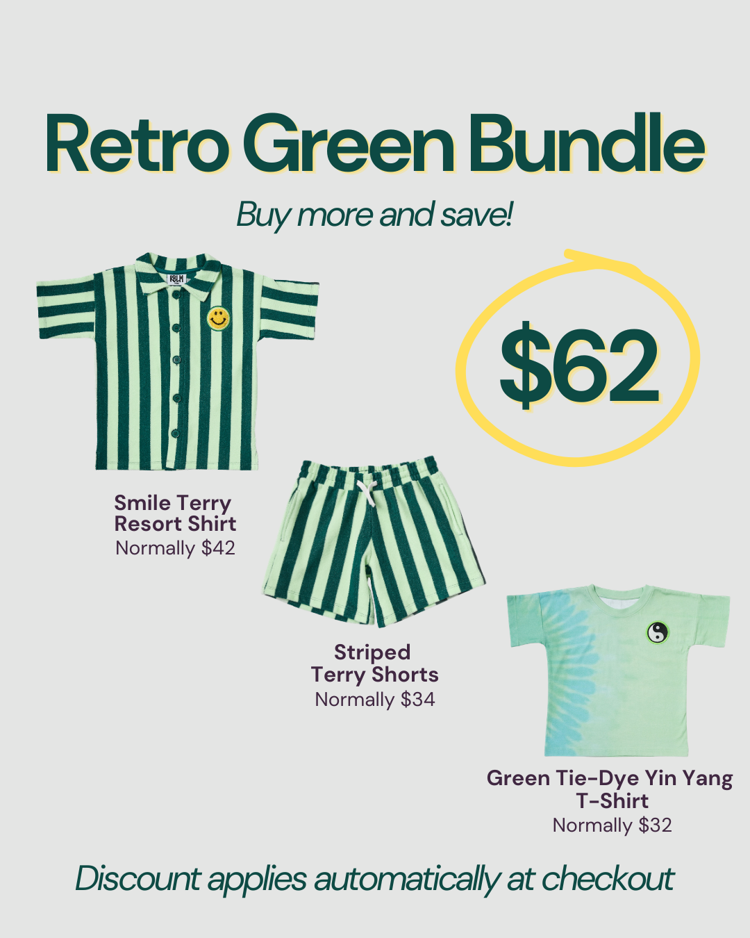 A promotional bundle graphic for RBLM Kids' 'Retro Green Bundle' showing three sustainable children's apparel items: a green and white striped resort shirt, matching striped shorts, and a light green tie-dye T-shirt, with text indicating sale prices and discount details.
