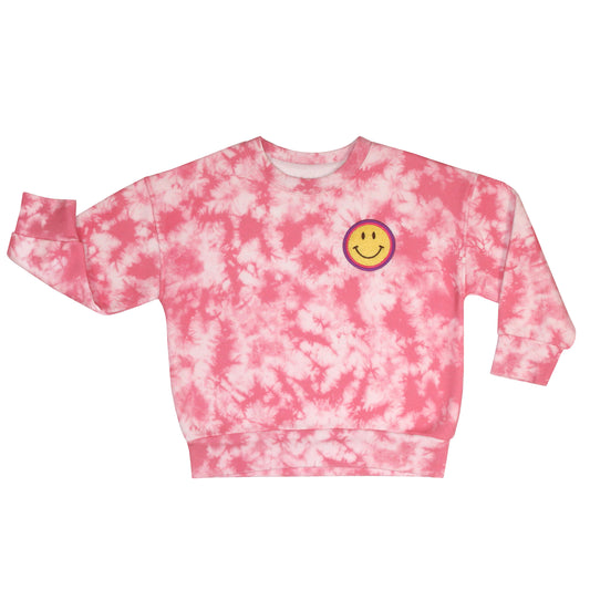front of our sustainable Smiley Tie-Dye Crewneck Sweatshirt