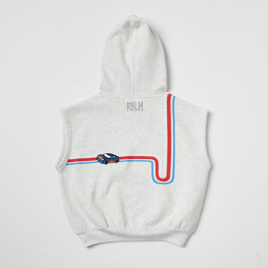 Back of sustainable kids gray sleeveless hoodie with red and blue race car and track embroidery on a light gray background