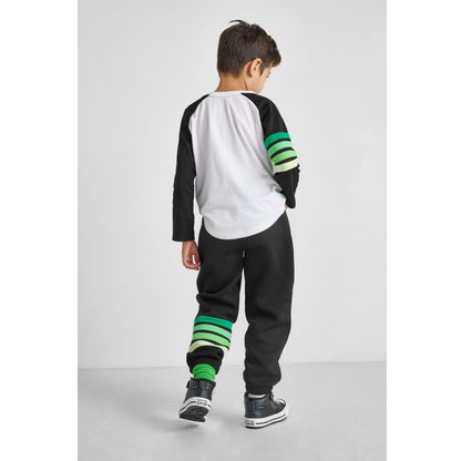 back view of our eco-friendly dinosaur baseball tee and green striped joggers