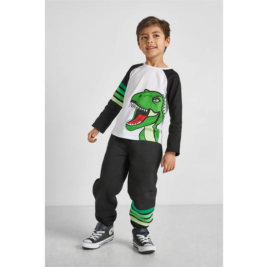 boy wearing our sustainable dinosaur baseball tee with green striped joggers