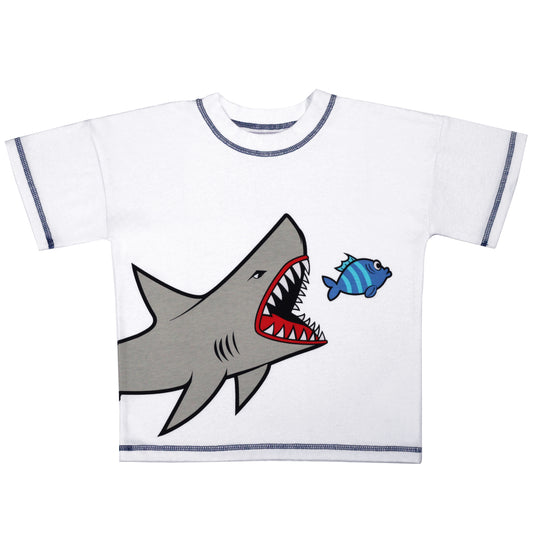 front of our sustainable shark tee with shark chasing blue fish