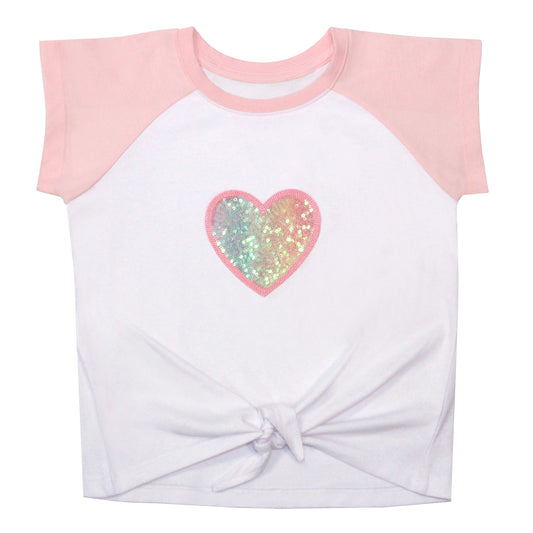 the front of our sustainable heart knotted baseball tee