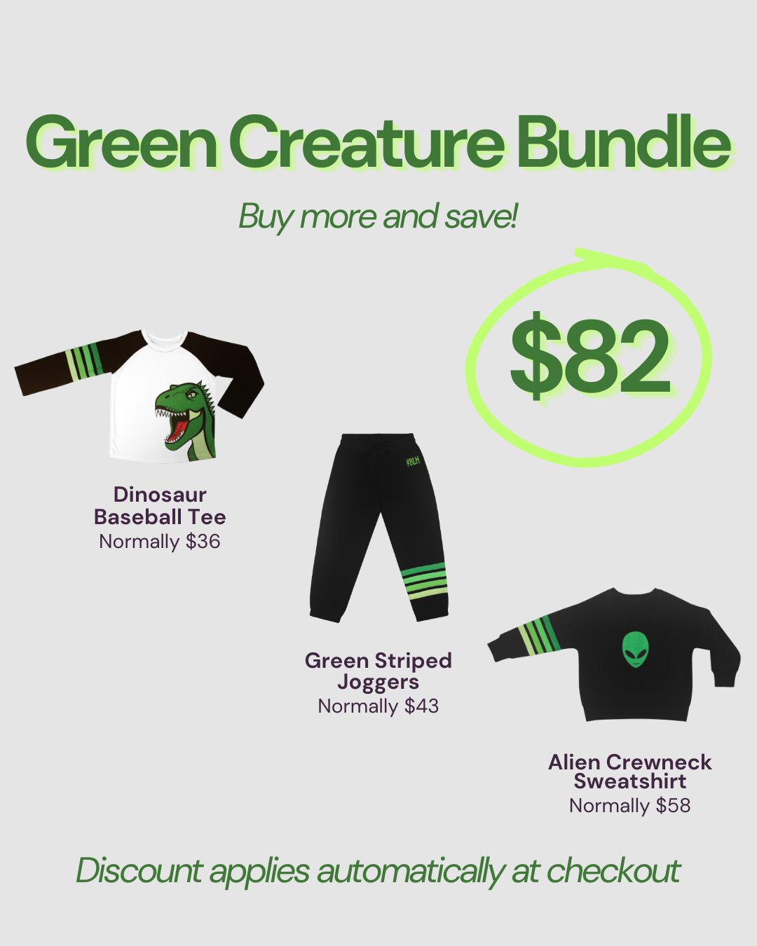 Promotional graphic for RBLM's 'Green Creature Bundle' featuring three sustainable kids' items: a white and black dinosaur baseball tee, black green-striped joggers, and a black alien crewneck sweatshirt, all with original prices listed and a total price of $82 highlighted in a neon green circle.