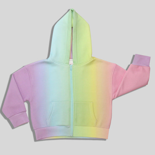 A sustainable, fun, and comfortable zip-up hoodie for kids with a pastel rainbow gradient, featuring a hood, front zipper, and kangaroo pockets, shown against a solid gray background.