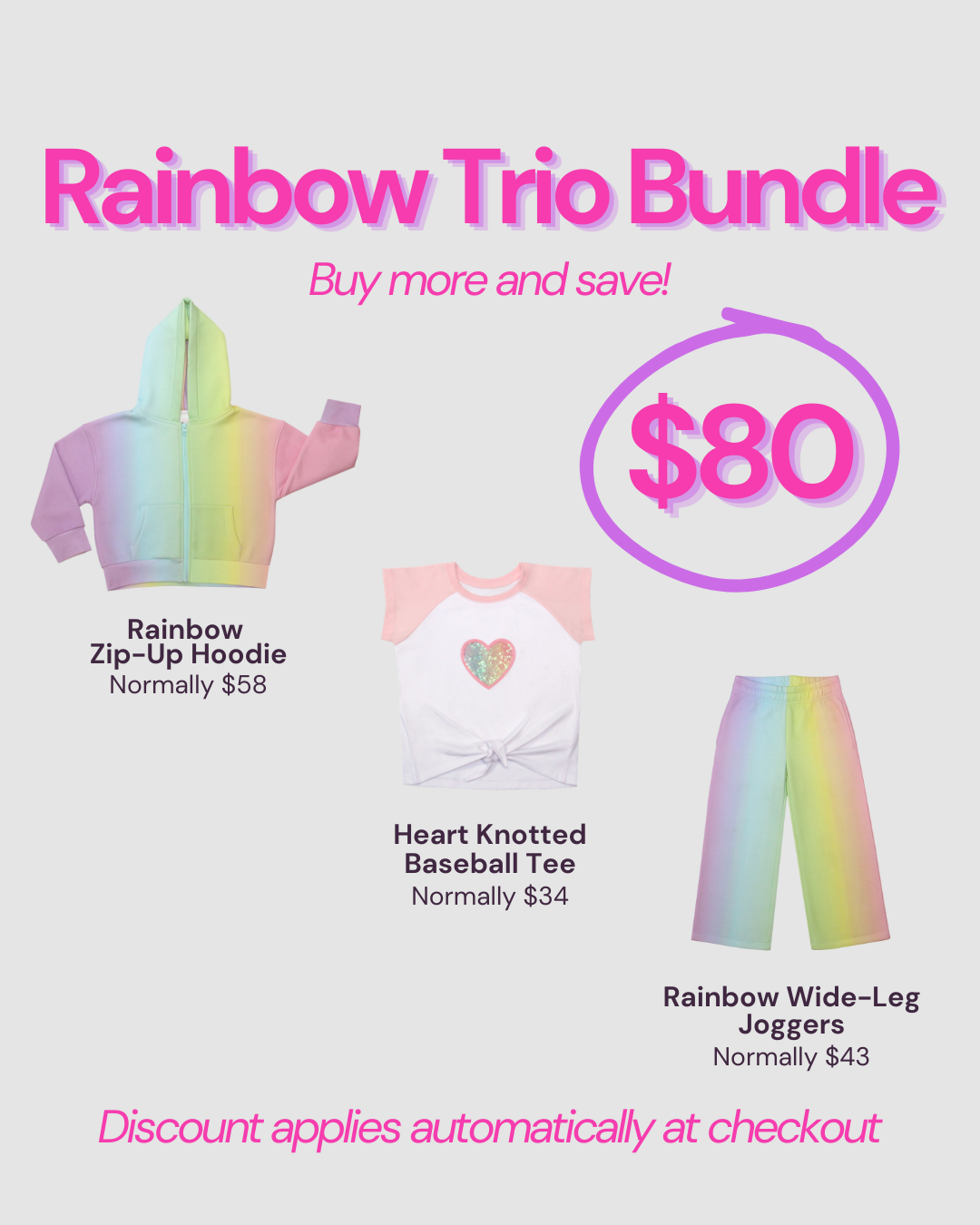 Promotional graphic for RBLM's 'Rainbow Trio Bundle' featuring three sustainable kids' clothing items: a rainbow gradient zip-up hoodie, a white and pink heart-knotted baseball tee, and rainbow gradient wide-leg joggers, all with text showing original prices and a $80 discount offer.