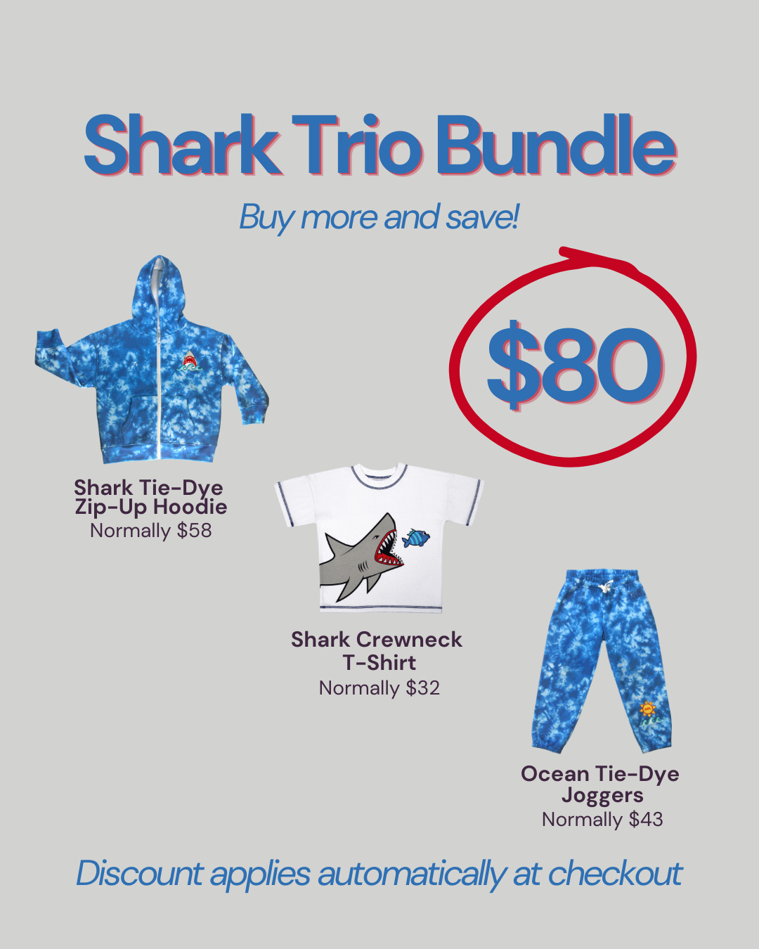 Promotional graphic for RBLM's Shark Trio Bundle featuring a blue camouflage zip-up hoodie, a white crewneck t-shirt with a shark graphic, and blue camouflage joggers, with text offering buy more and save up to $80.