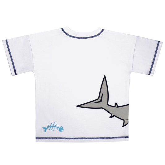back of our sustainable shark tee with fish skeleton and shark tail