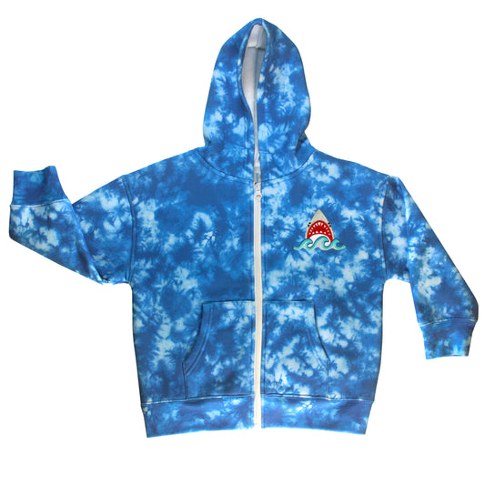 front of our sustainable shark tie-dye zip-up hoodie