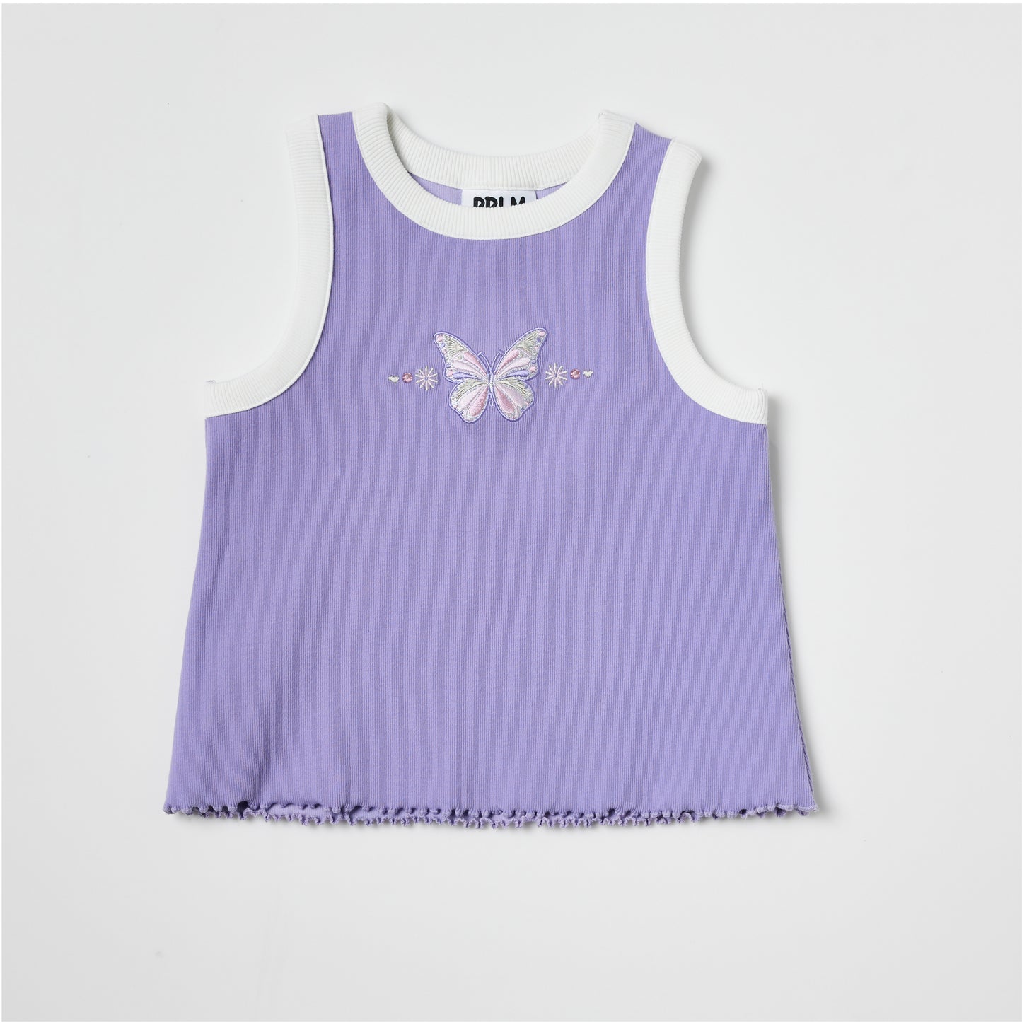 Eco-friendly purple tank top with butterfly embroidery on a light gray background