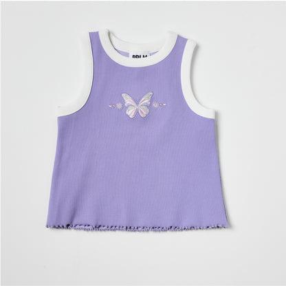 Eco-friendly purple tank top with butterfly embroidery on a light gray background