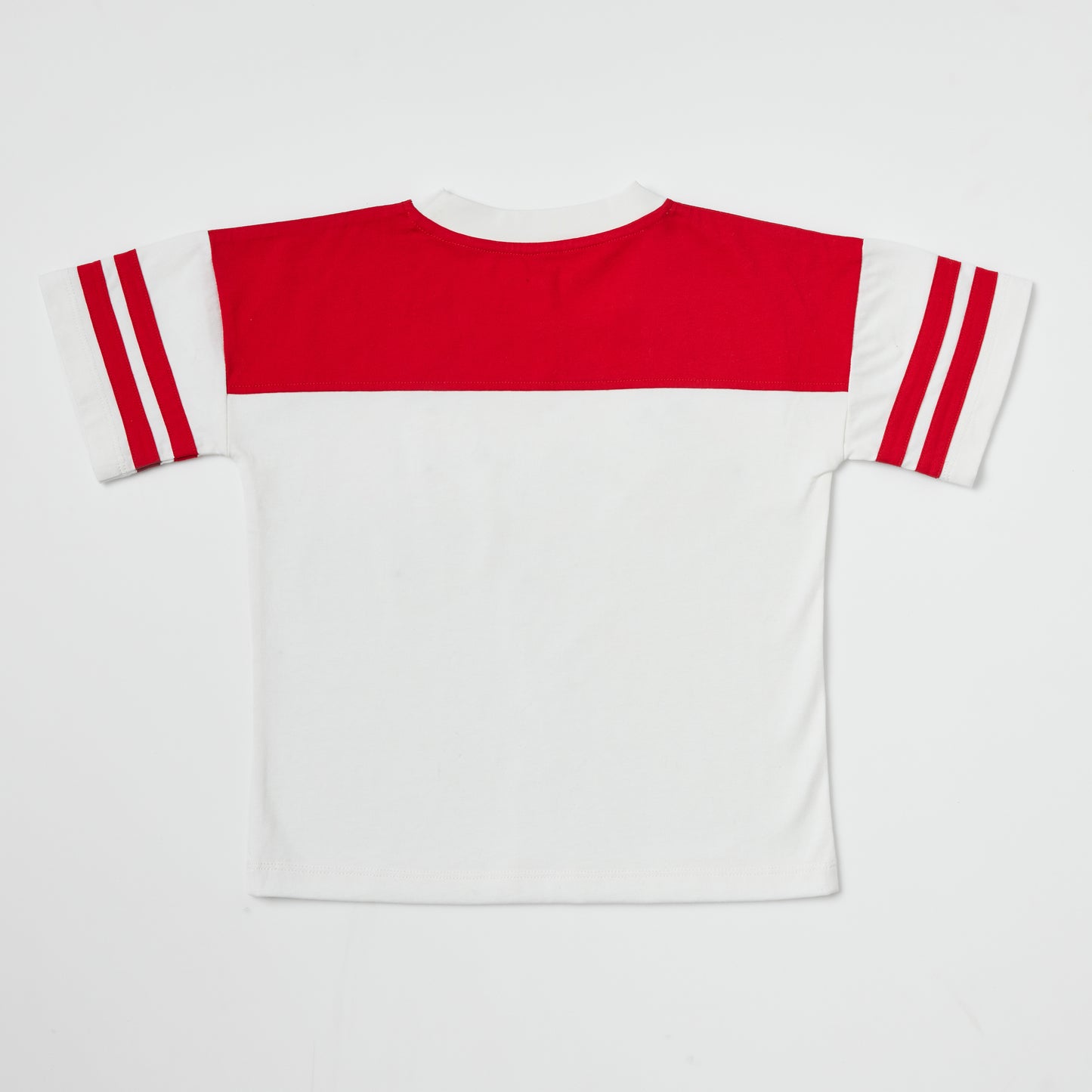 Back of eco-friendly kids red and white t-shirt on a white background