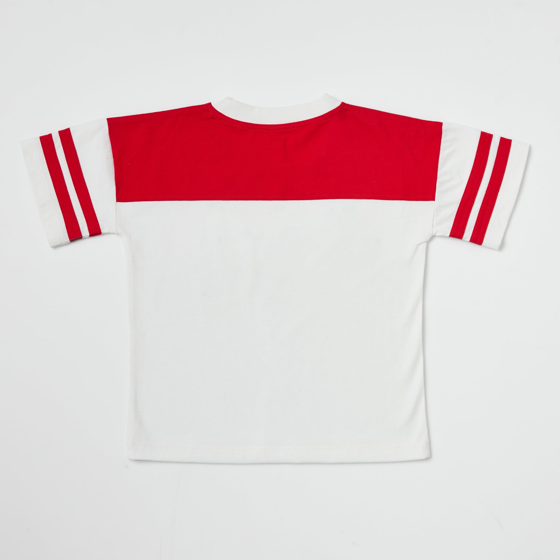 Back of eco-friendly kids red and white t-shirt on a white background