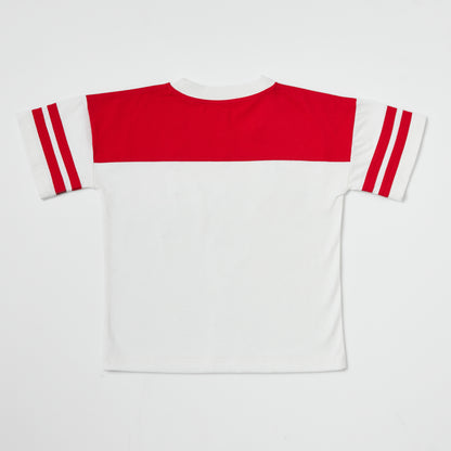 Back of eco-friendly kids red and white t-shirt on a white background