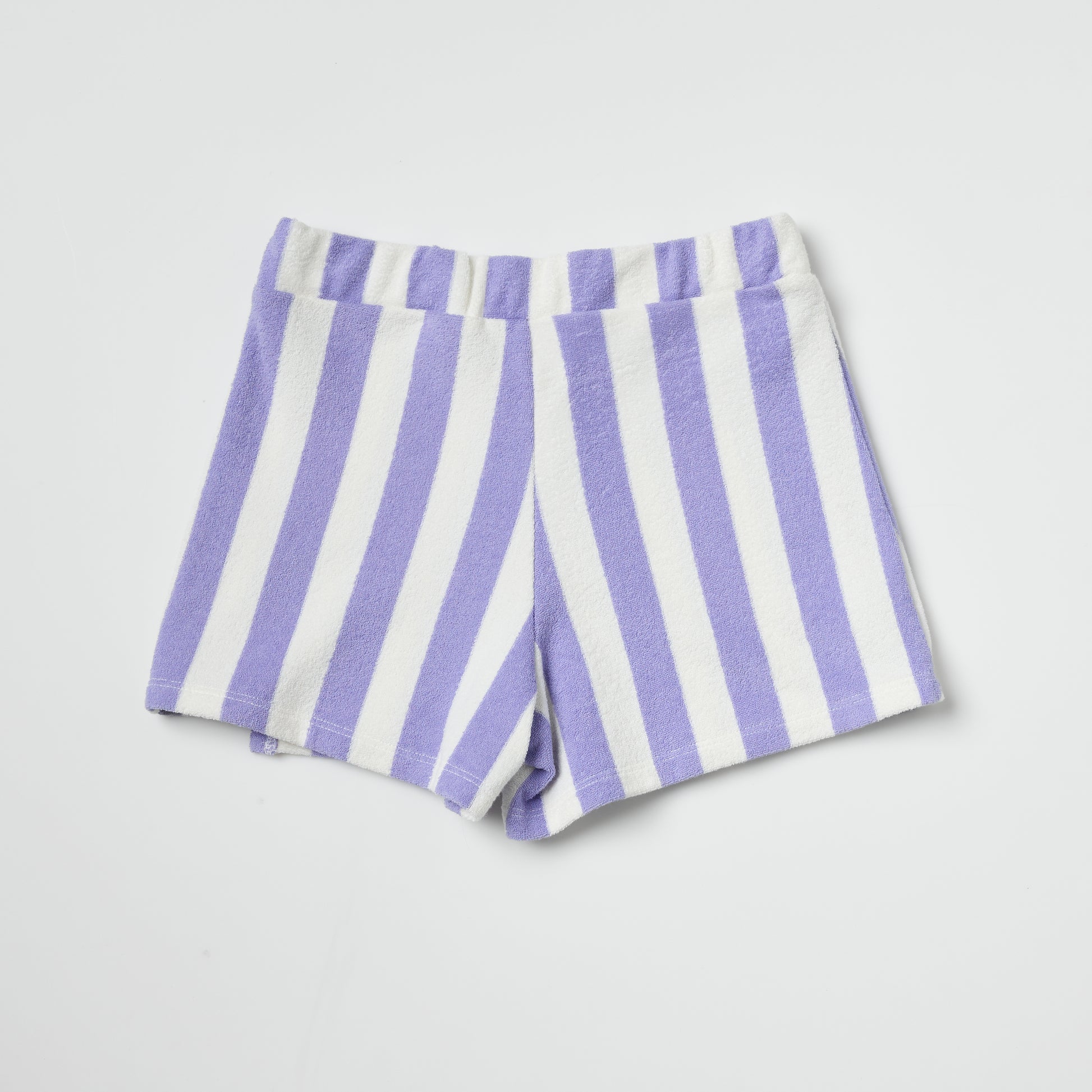 Back of sustainable kids purple and white striped skort on a light gray background