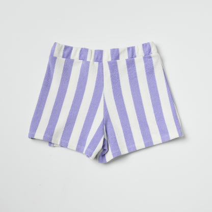 Back of sustainable kids purple and white striped skort on a light gray background