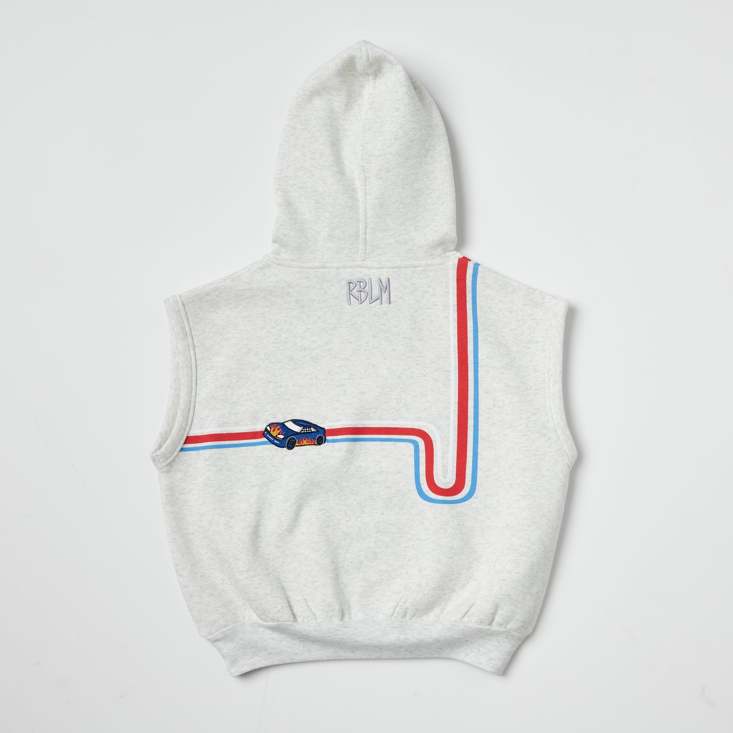 Back of sustainable kids gray sleeveless hoodie with red and blue race car and track embroidery on a light gray background