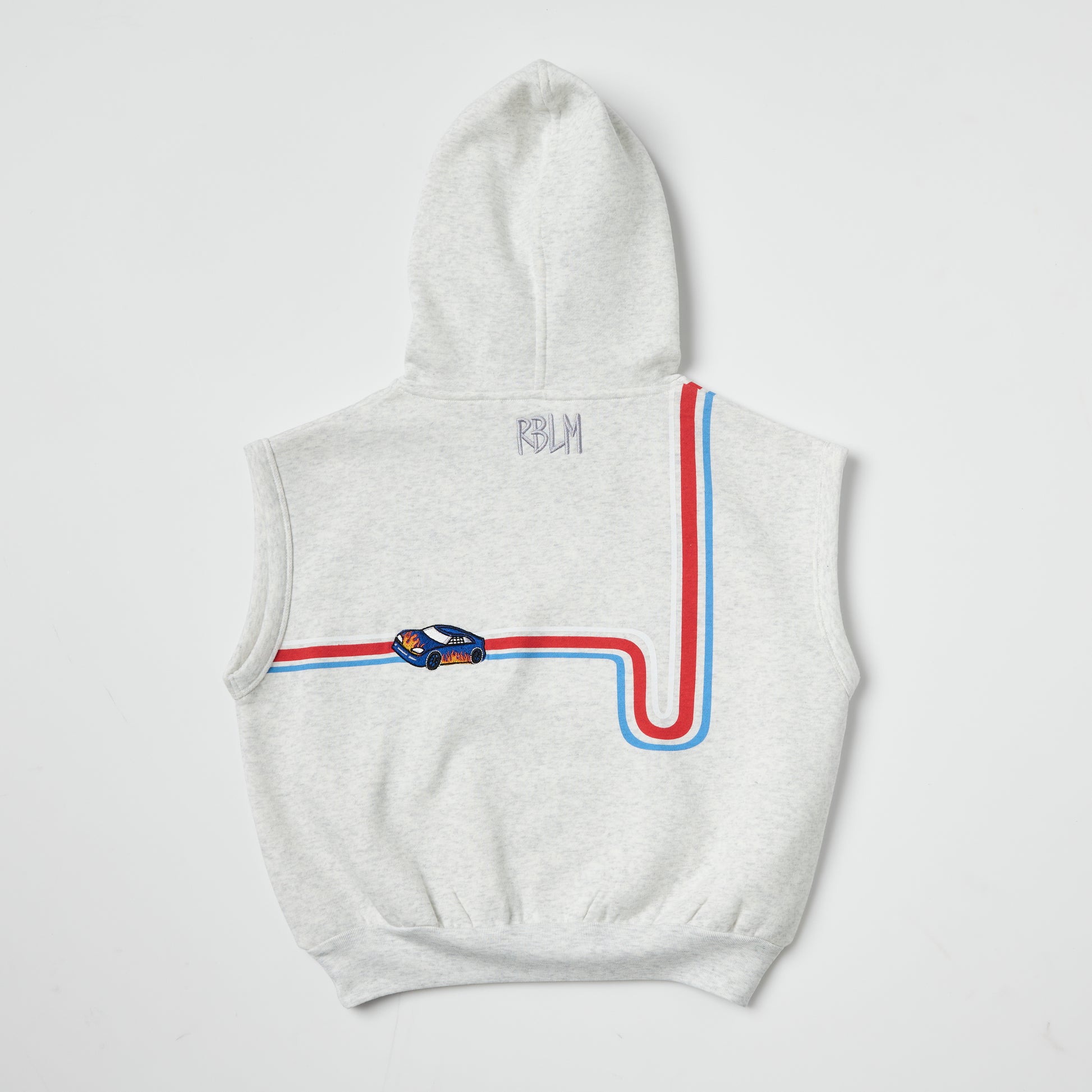 Back of sustainable kids gray sleeveless hoodie with red and blue race car and track embroidery on a light gray background