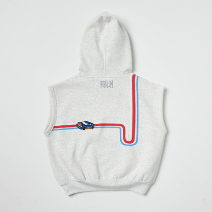 Back of sustainable kids gray sleeveless hoodie with red and blue race car and track embroidery on a light gray background