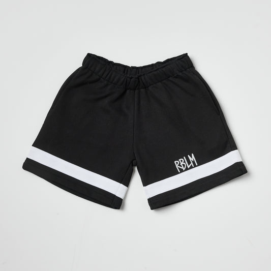 Eco-friendly kids black shorts with a white stripe on a white background
