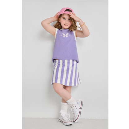 Girl wearing an eco-friendly purple tank top with butterfly embroidery and a purple striped skort