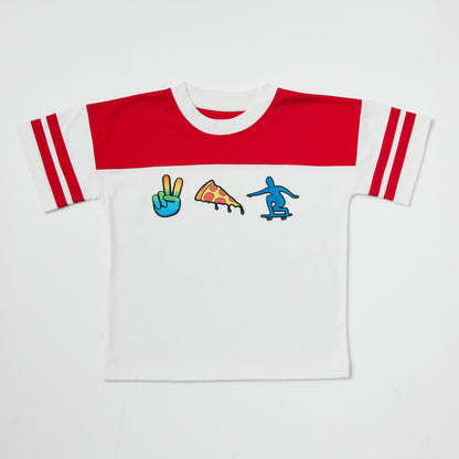 Eco-friendly kids red and white t-shirt with colorful skateboarding embroidery on a white background