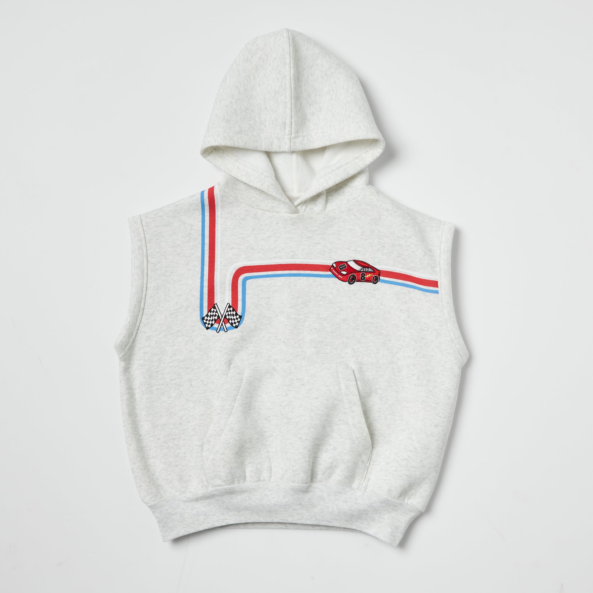 Sustainable kids gray sleeveless hoodie with red and blue race car and track embroidery on a light gray background