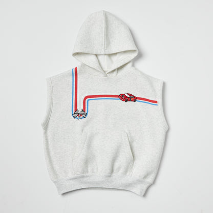 Sustainable kids gray sleeveless hoodie with red and blue race car and track embroidery on a light gray background