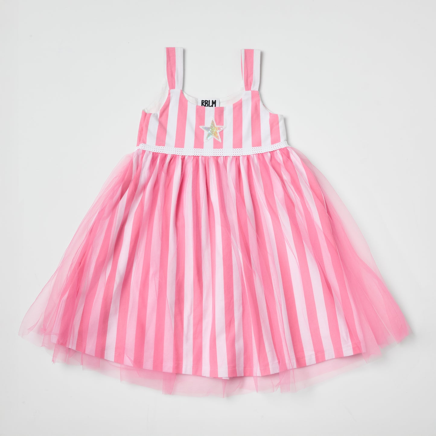 Eco-friendly kids pink and white striped dress with an embroidered recycled-sequin star on a light gray background