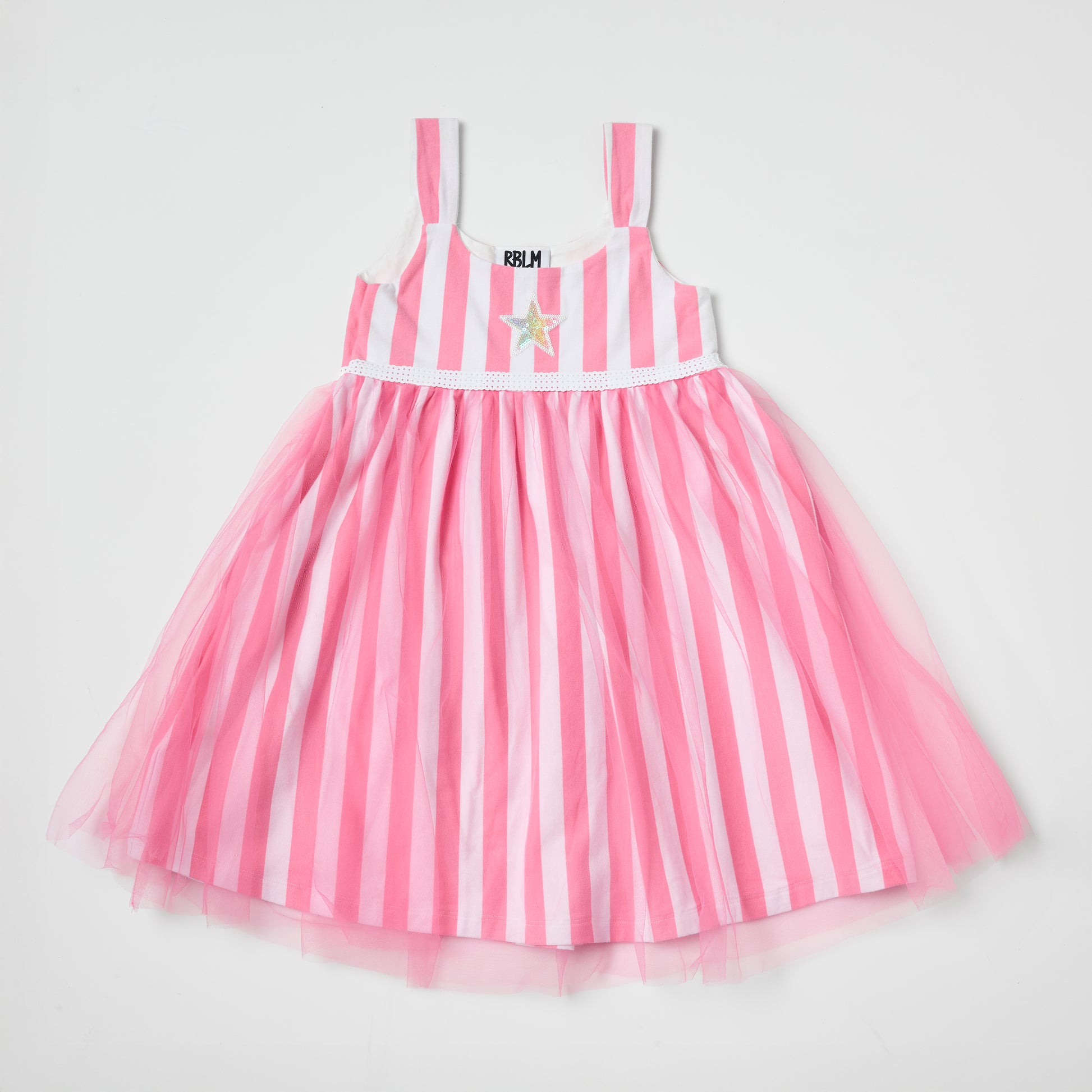 Eco-friendly kids pink and white striped dress with an embroidered recycled-sequin star on a light gray background