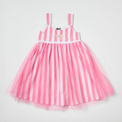 Eco-friendly kids pink and white striped dress with an embroidered recycled-sequin star on a light gray background