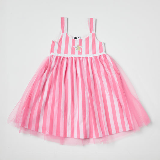 Eco-friendly kids pink and white striped dress with an embroidered recycled-sequin star on a light gray background