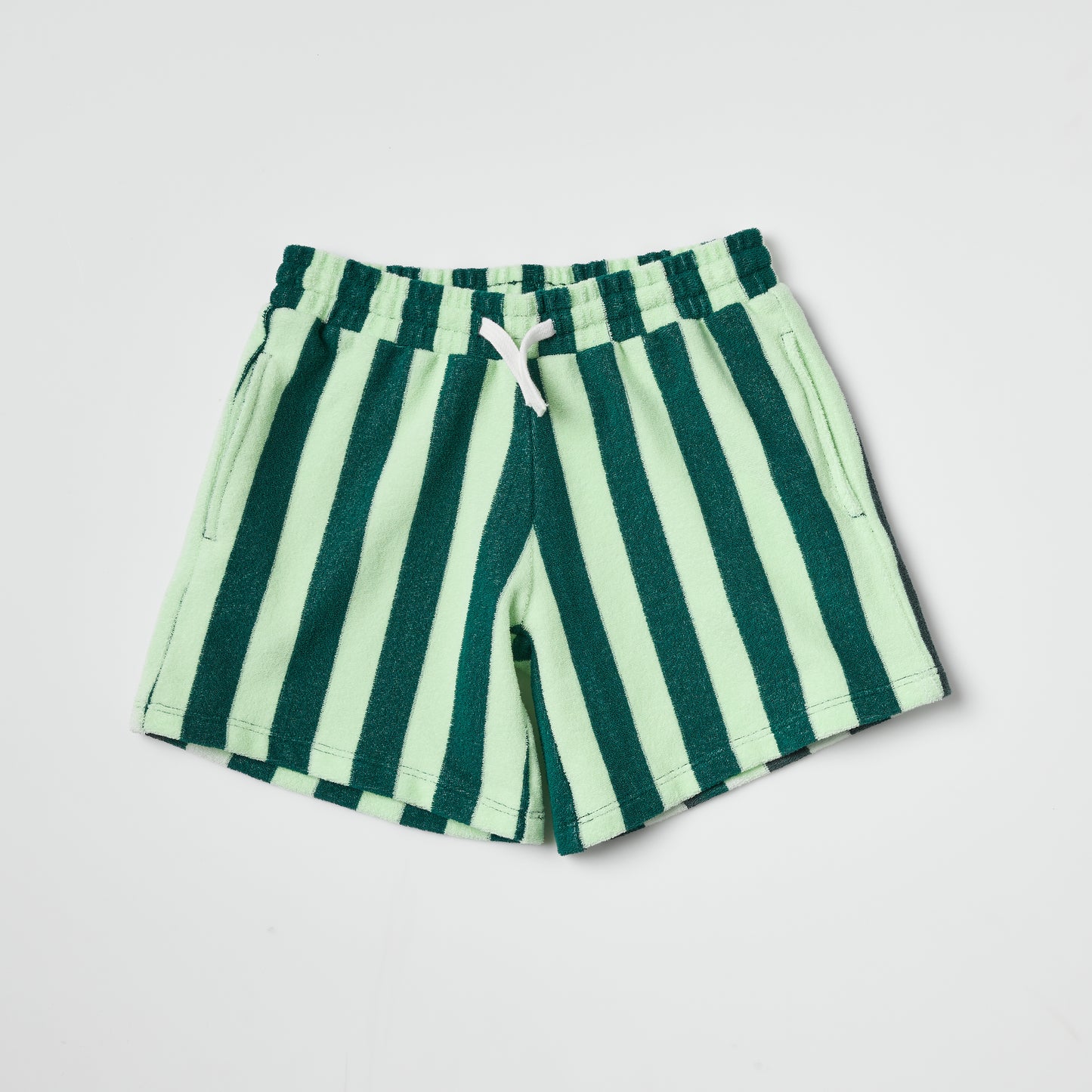Eco-friendly kids green striped Terry shorts on a light gray background