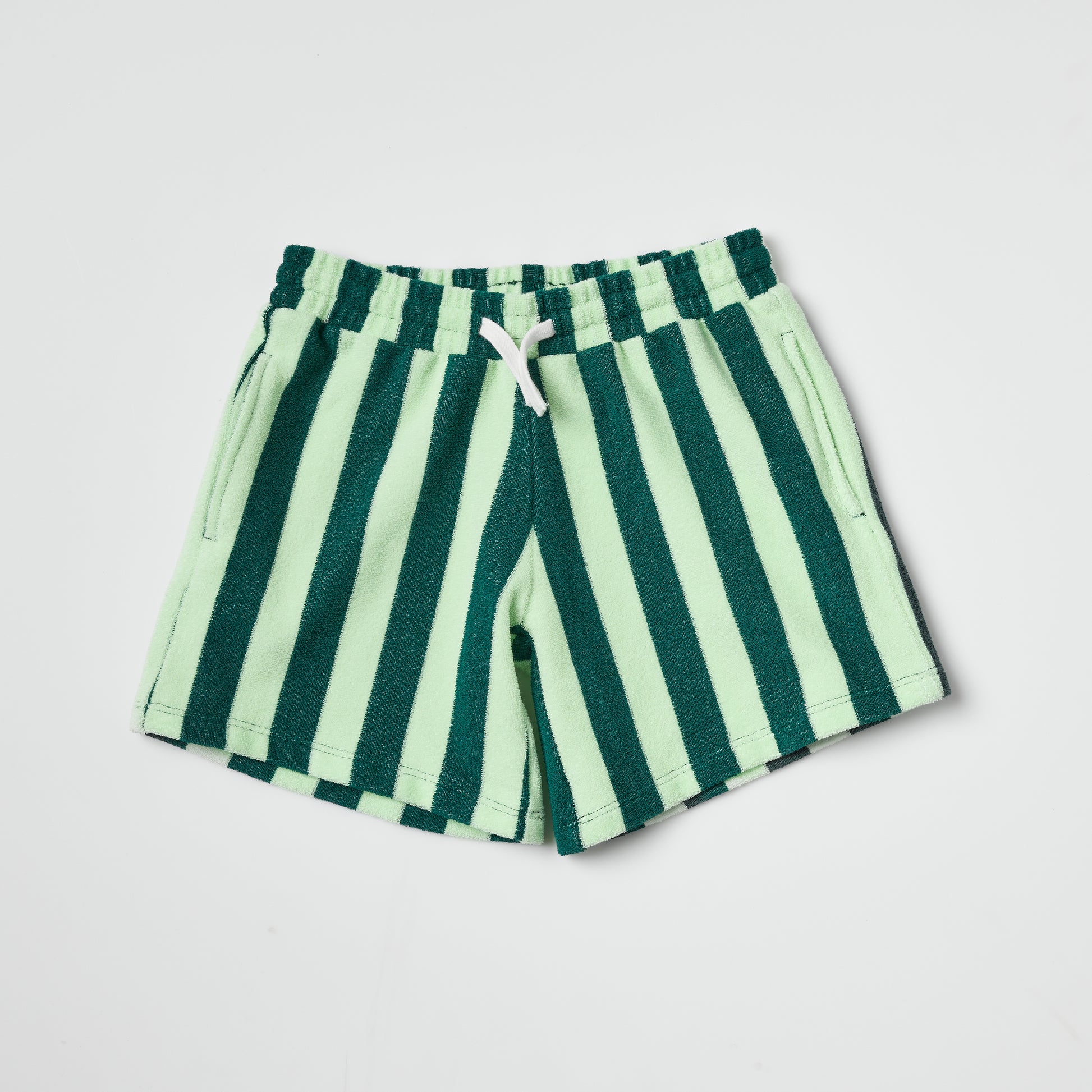 Eco-friendly kids green striped Terry shorts on a light gray background