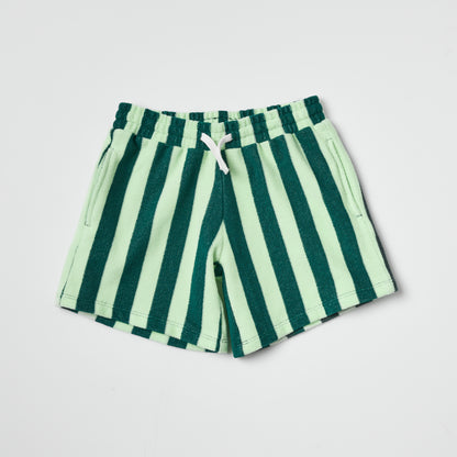 Eco-friendly kids green striped Terry shorts on a light gray background