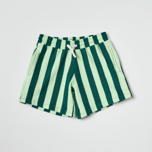 Eco-friendly kids green striped Terry shorts on a light gray background