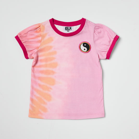 Sustainable kids pink tie-dye t-shirt with yin yang embroidery on a light gray background