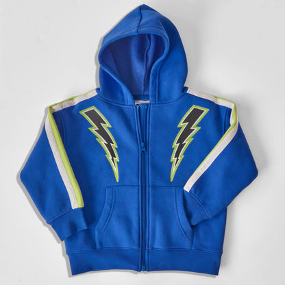 An eco-friendly and comfortable bright blue zip-up hoodie for kids with two black and green lightning bolts on the chest, and white and neon green stripe stripes down the sleeves, shown against a light gray background.